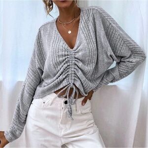 SHEIN Gray Drawstring Cinched Front Long Sleeve Top | Size S